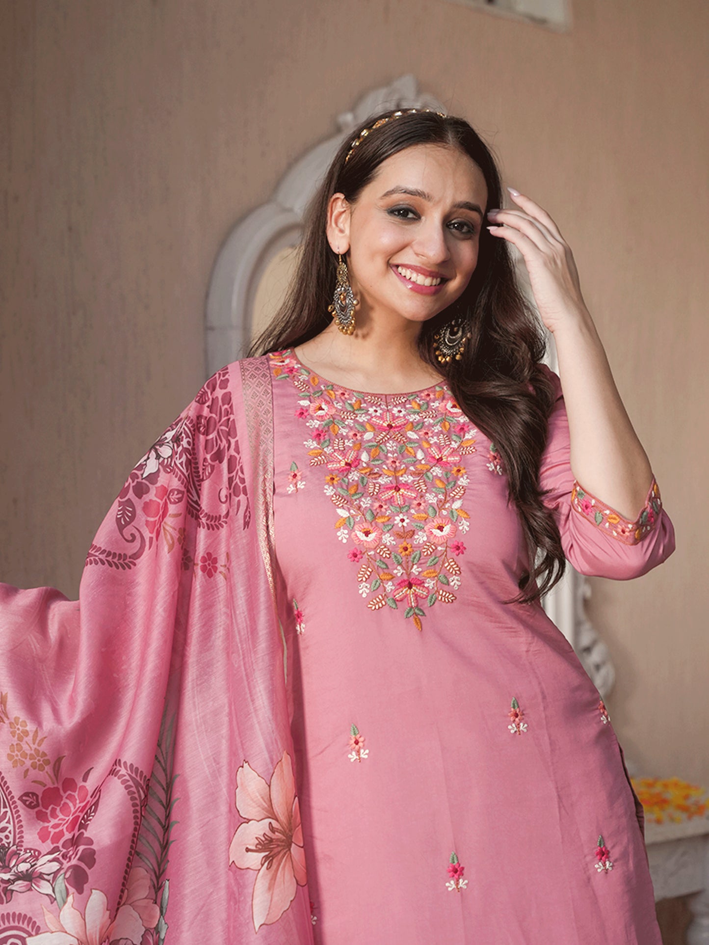 Embroidered Roman Silk Solid Pink Kurta
