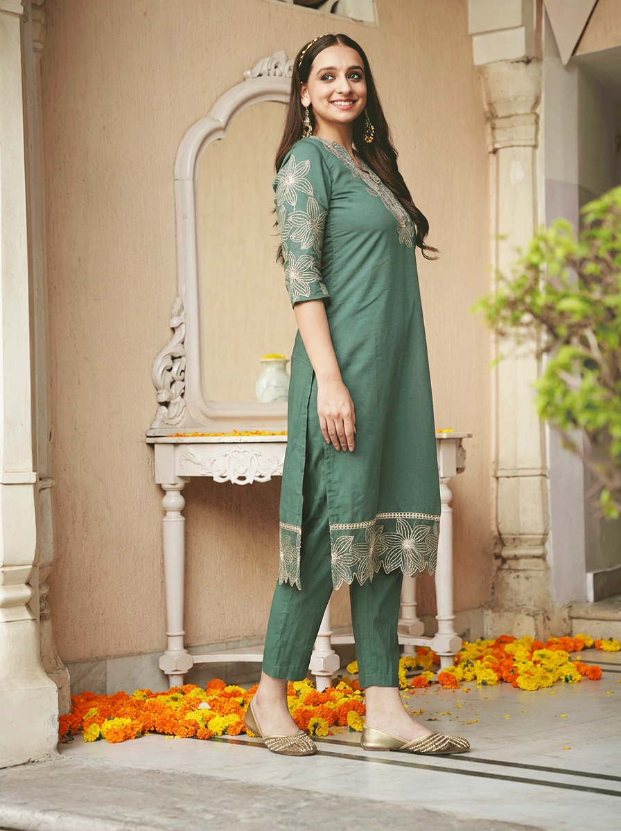 Embroidered Roman Silk Solid Green Kurta