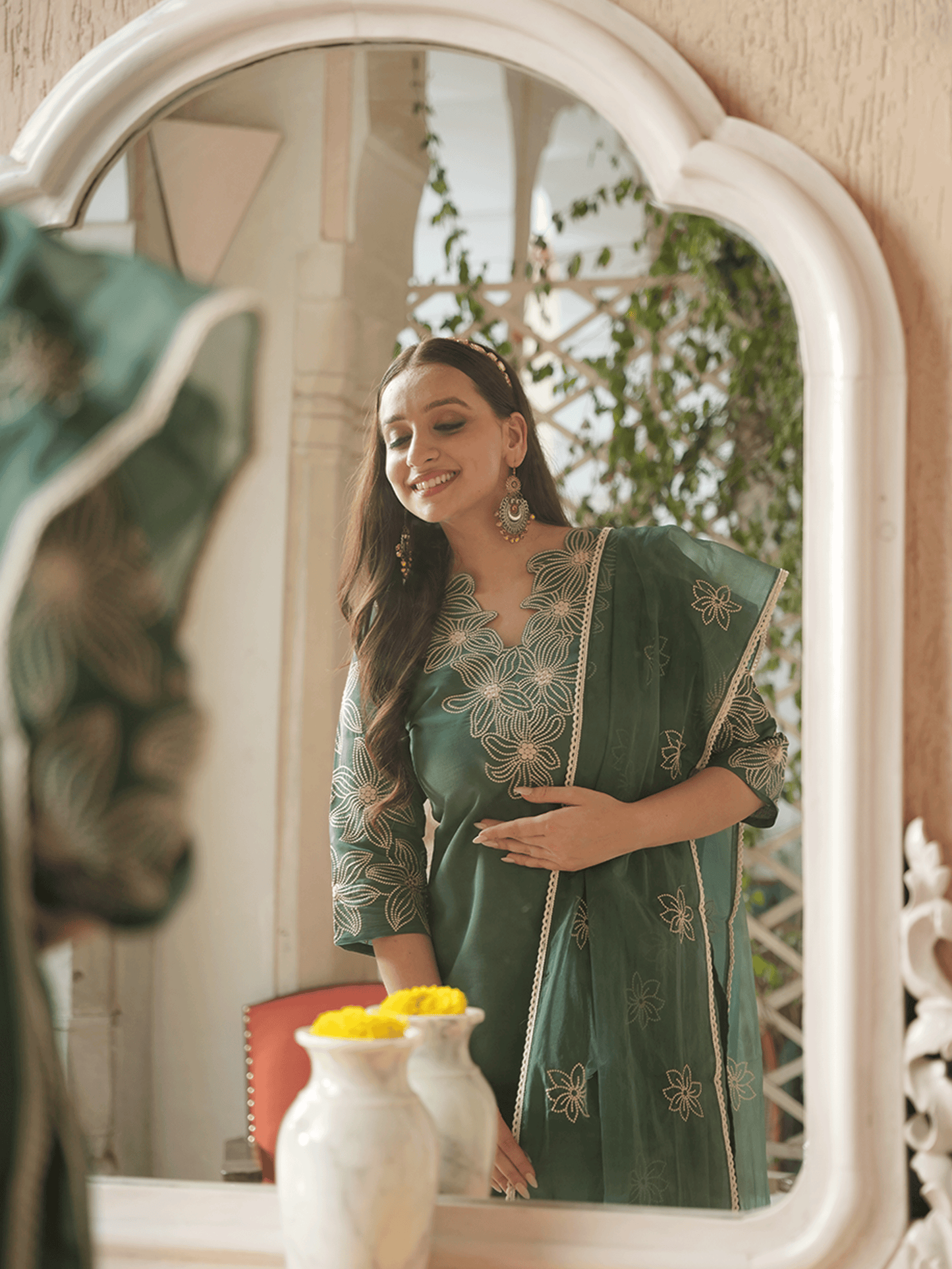 Embroidered Roman Silk Solid Green Kurta