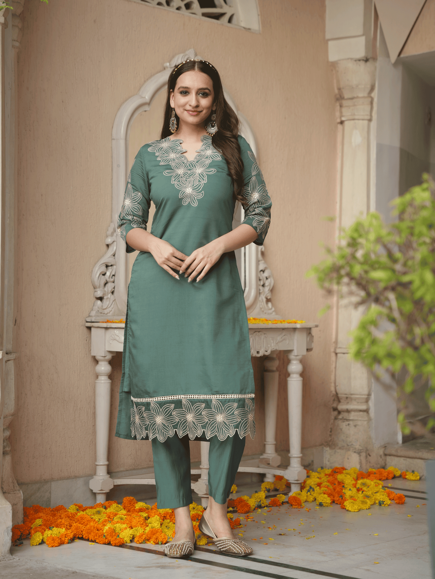 Embroidered Roman Silk Solid Green Kurta