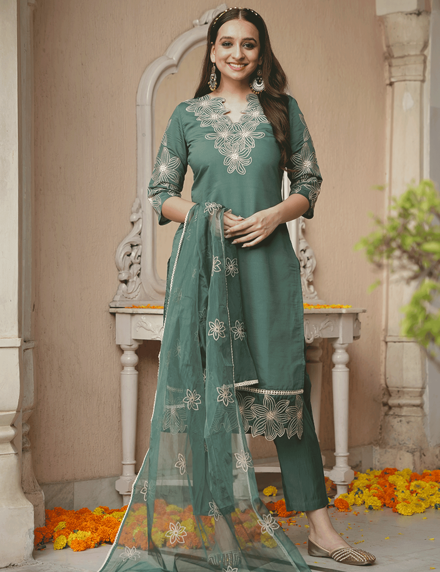 Embroidered Roman Silk Solid Green Kurta