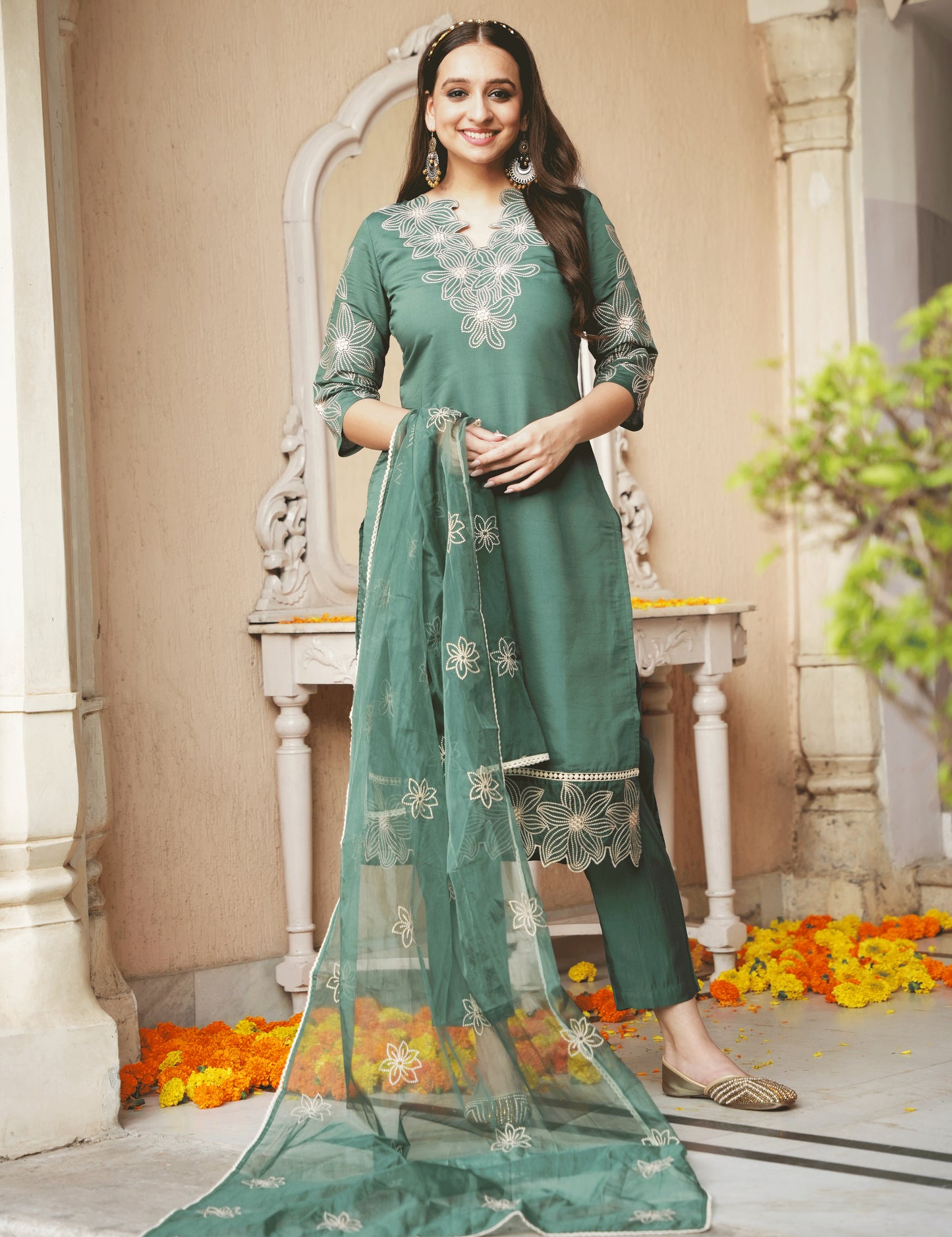 Embroidered Roman Silk Solid Green Kurta