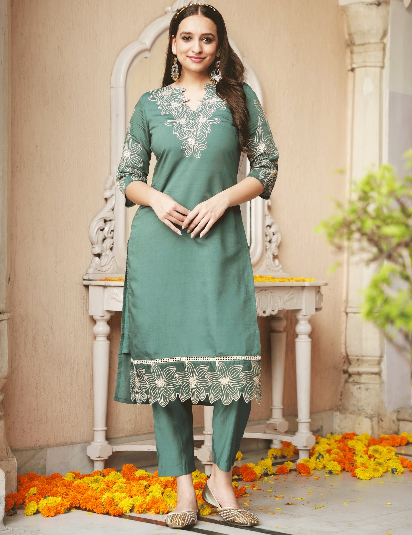Embroidered Roman Silk Solid Green Kurta