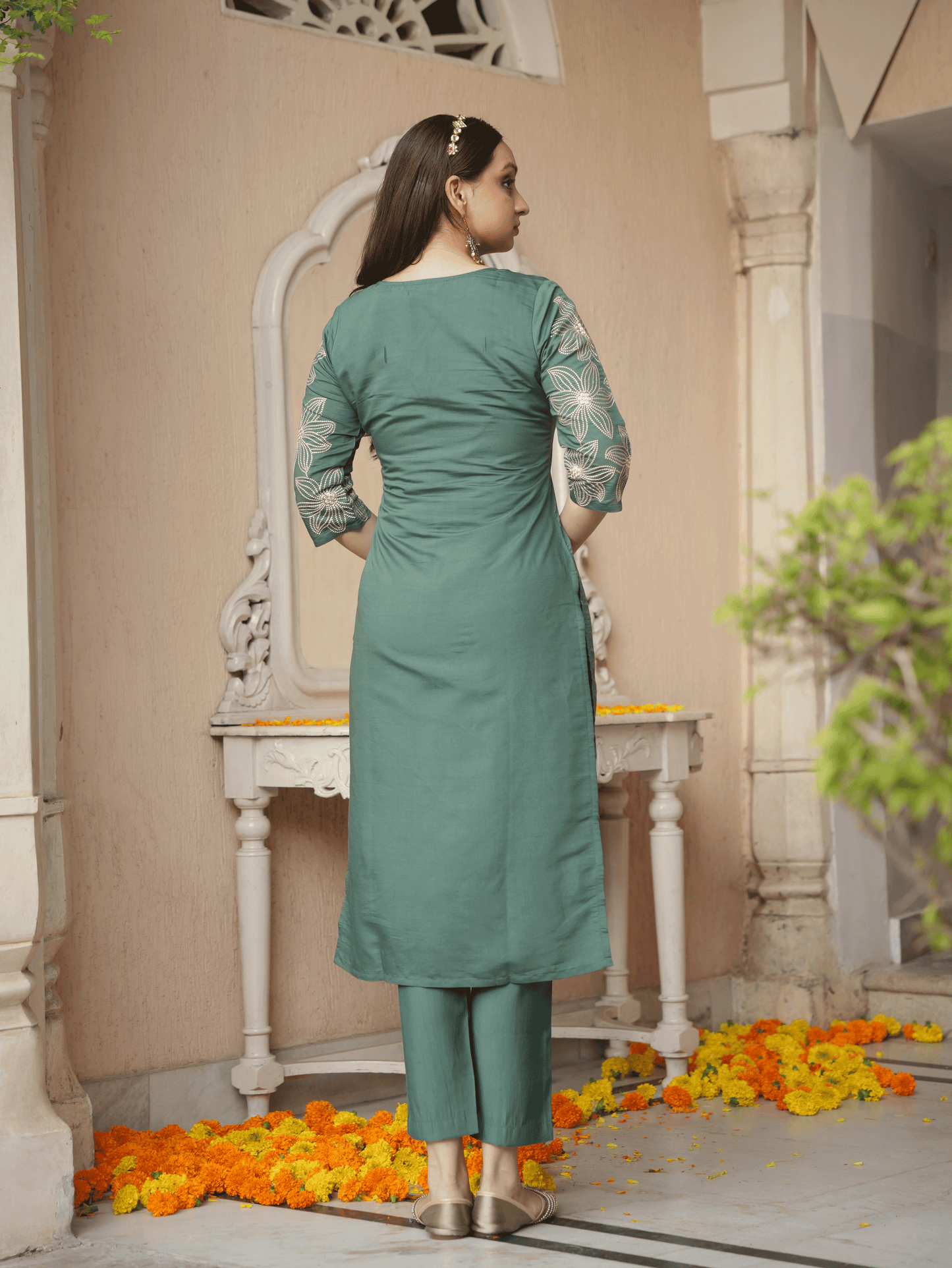 Embroidered Roman Silk Solid Green Kurta