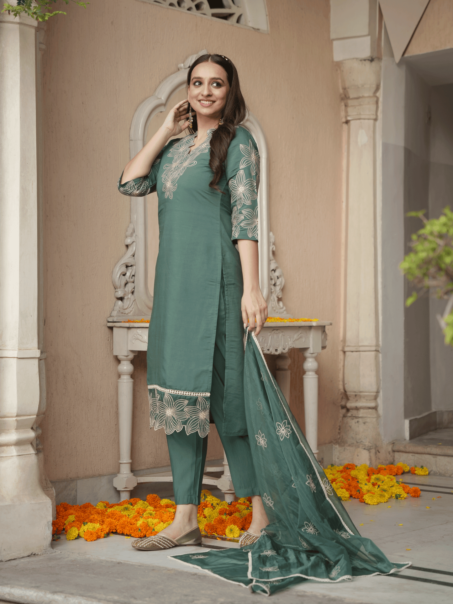 Embroidered Roman Silk Solid Green Kurta