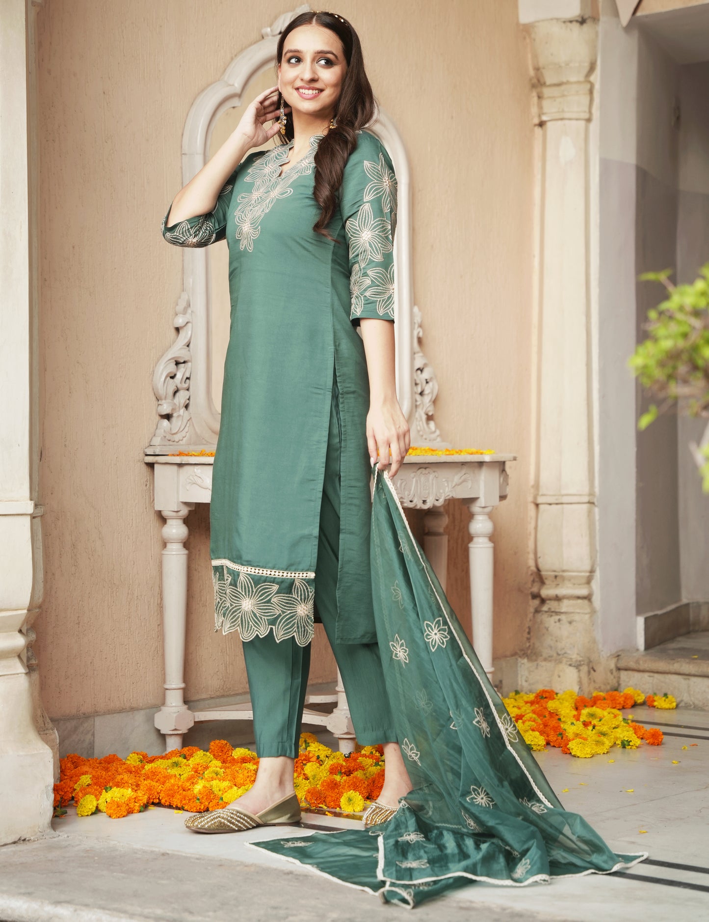 Embroidered Roman Silk Solid Green Kurta