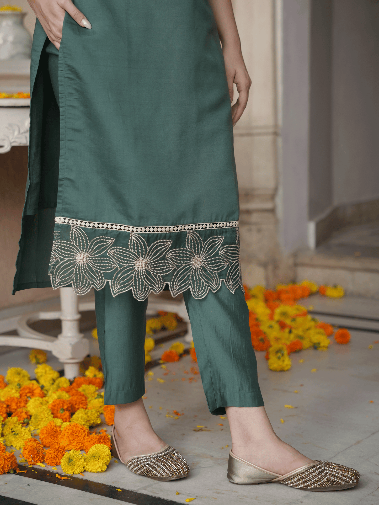 Embroidered Roman Silk Solid Green Kurta
