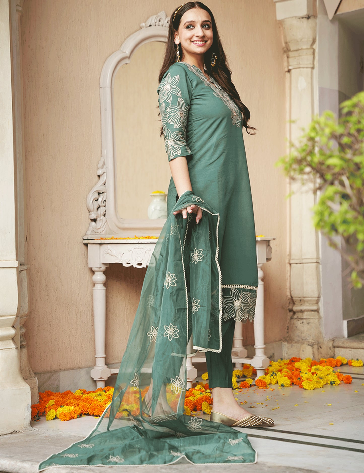 Embroidered Roman Silk Solid Green Kurta