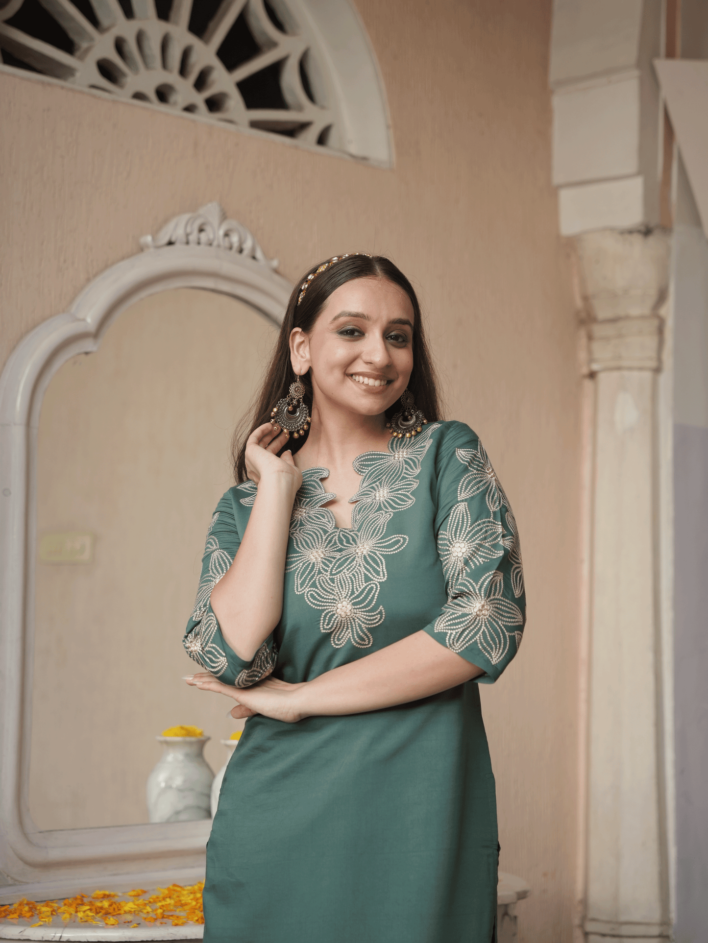 Embroidered Roman Silk Solid Green Kurta