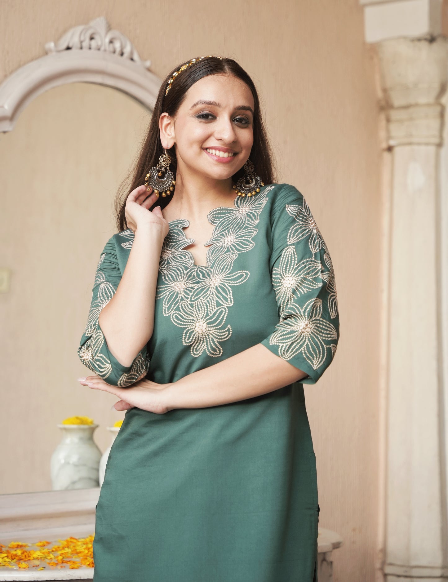 Embroidered Roman Silk Solid Green Kurta