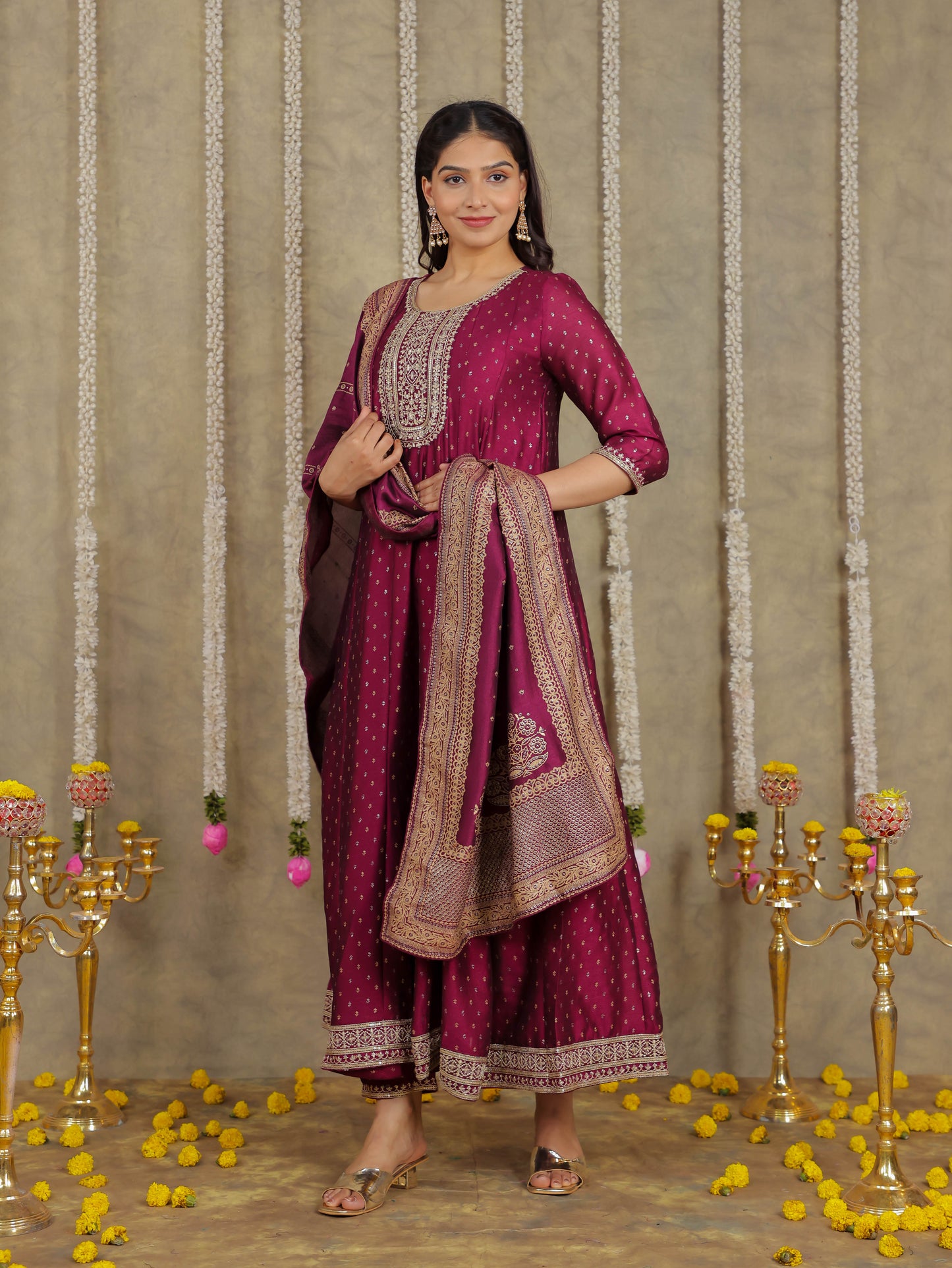 Embroidered Self Design Chanderi Solid Purple Kurta