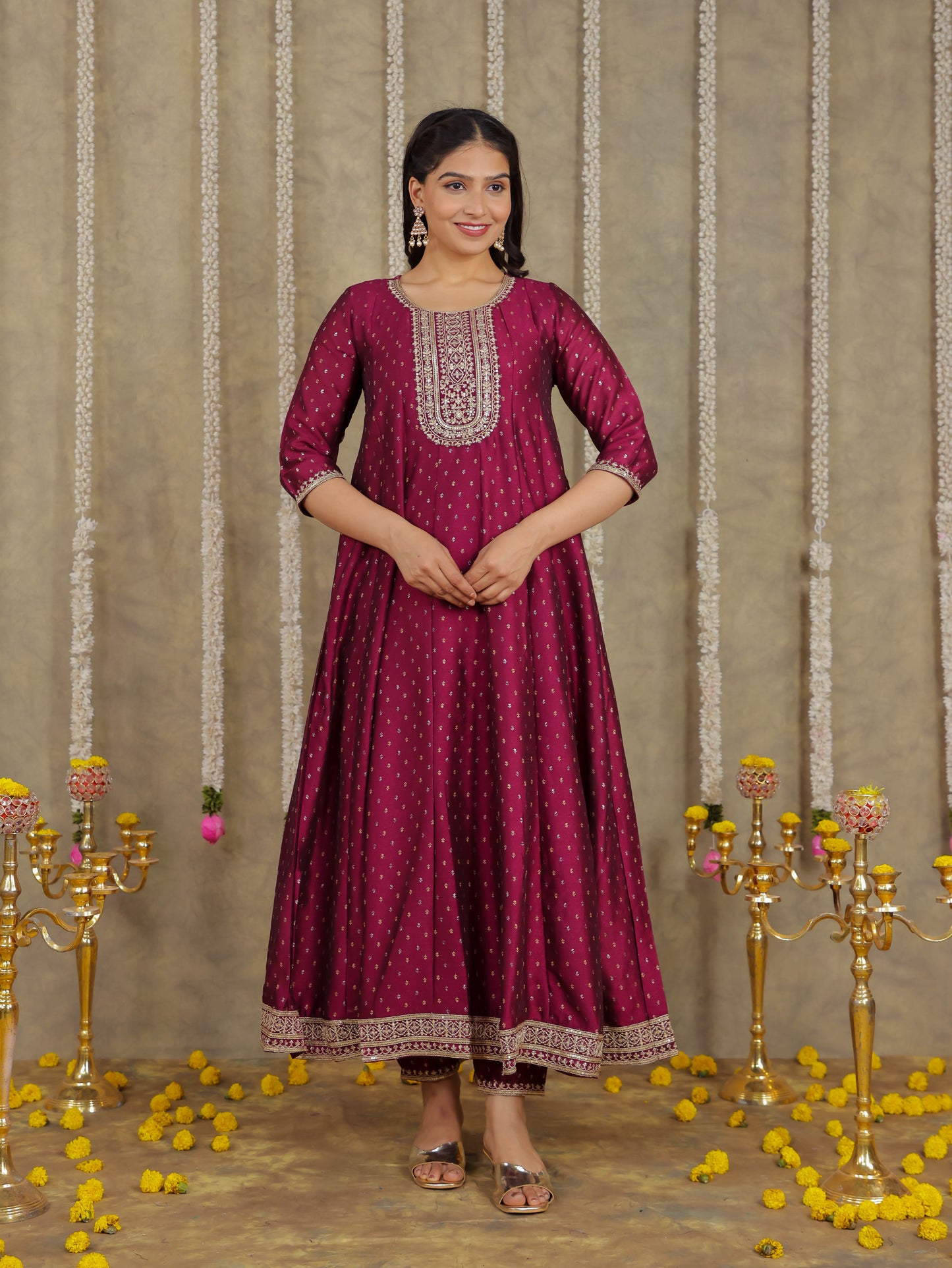 Embroidered Self Design Chanderi Solid Purple Kurta