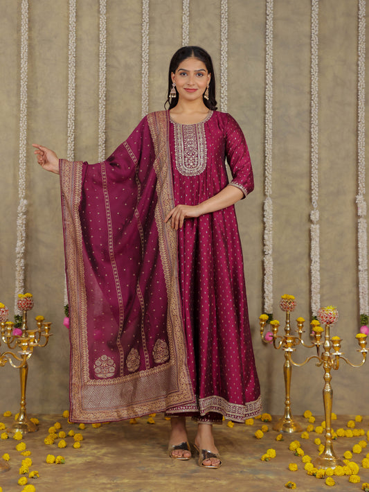 Embroidered Self Design Chanderi Solid Purple Kurta