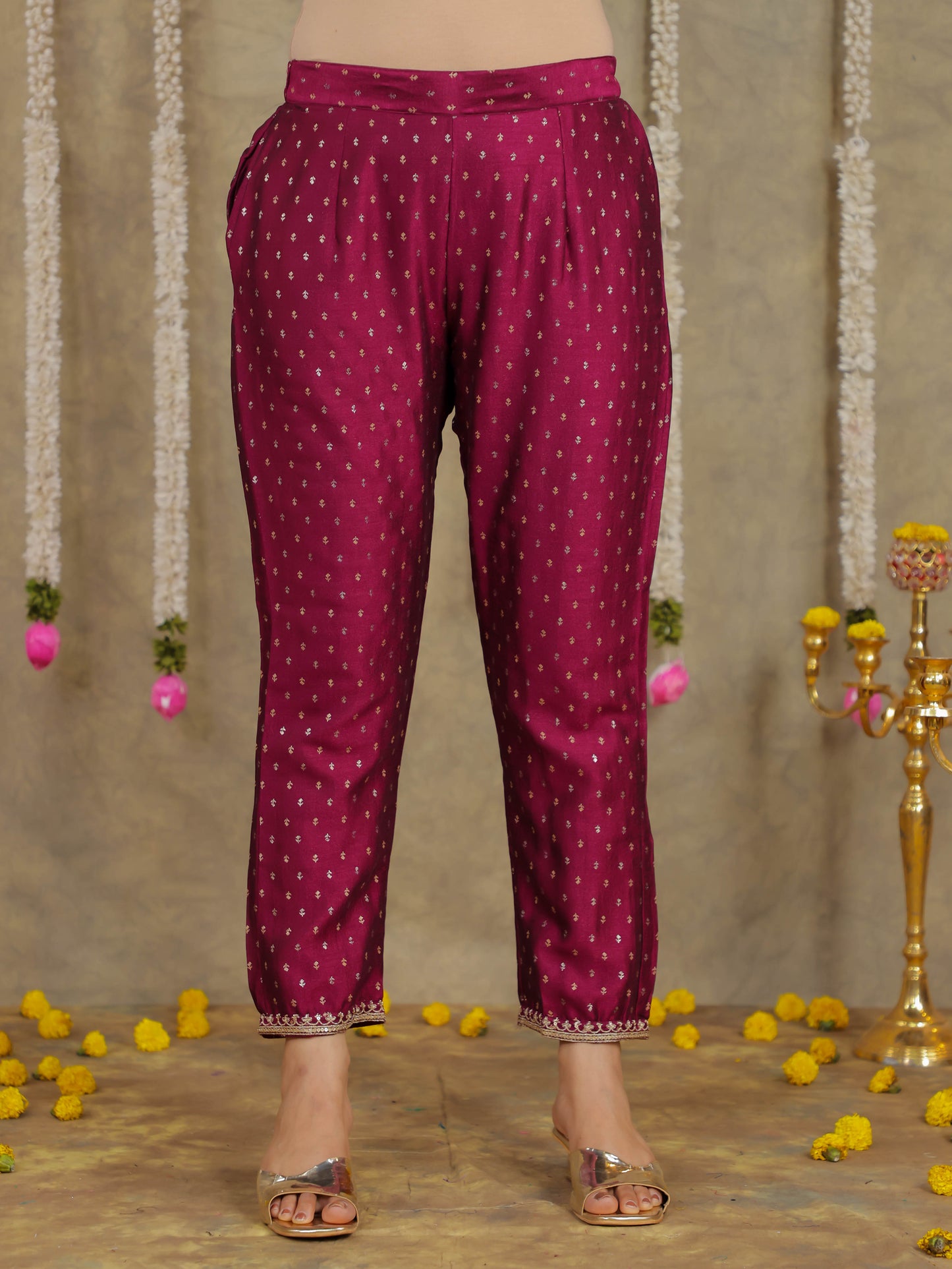 Embroidered Self Design Chanderi Solid Purple Kurta