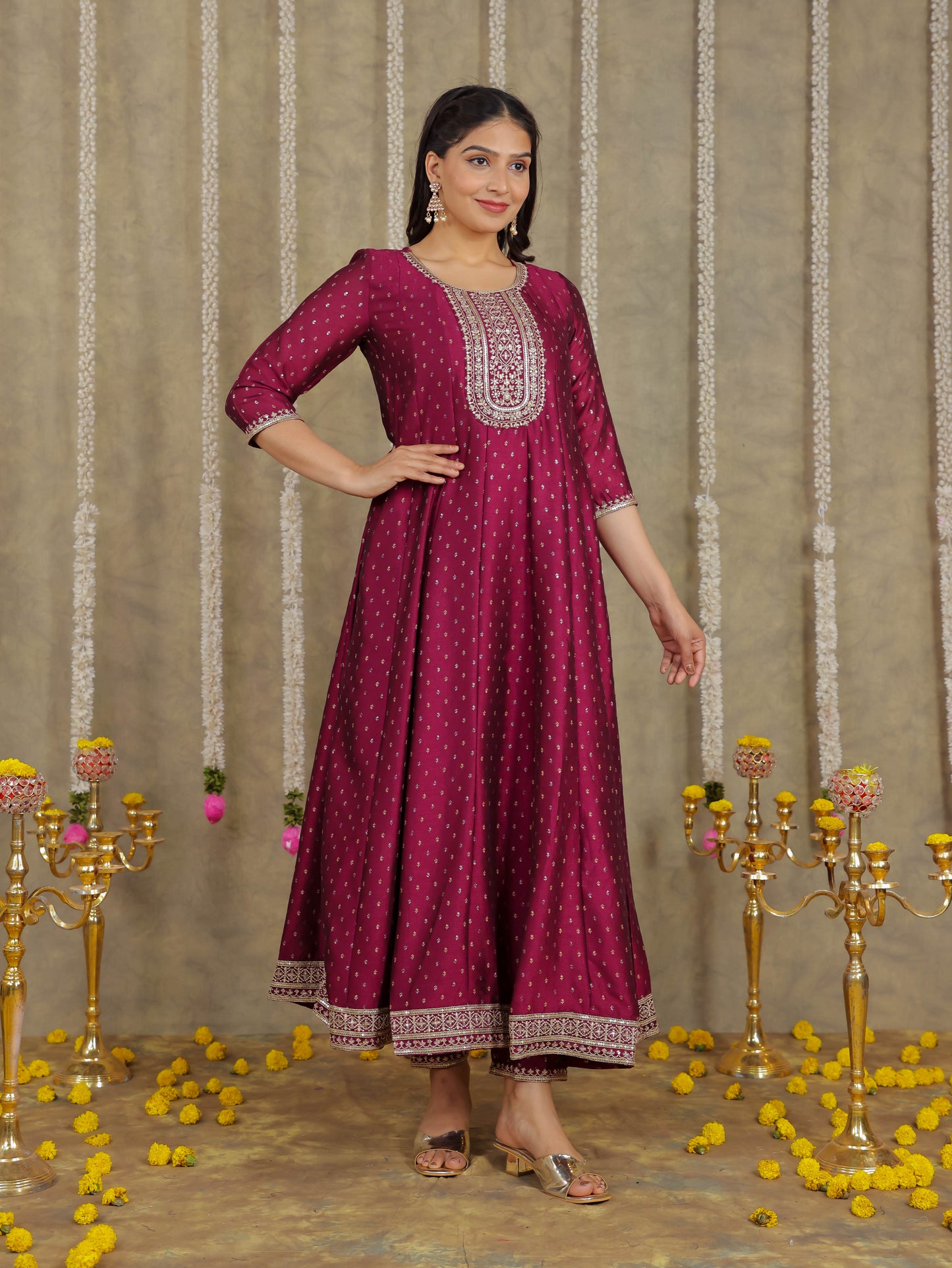 Embroidered Self Design Chanderi Solid Purple Kurta