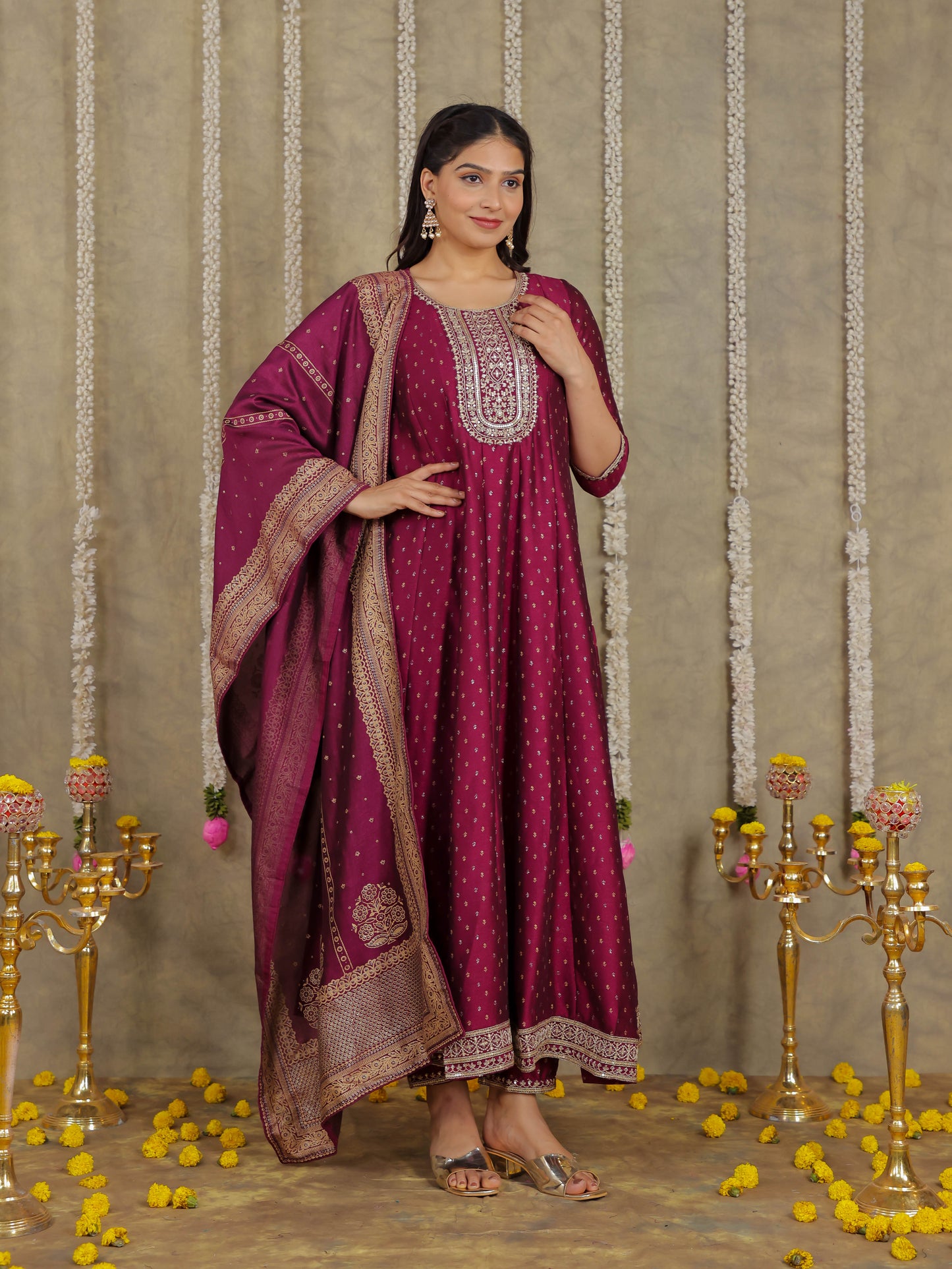 Embroidered Self Design Chanderi Solid Purple Kurta