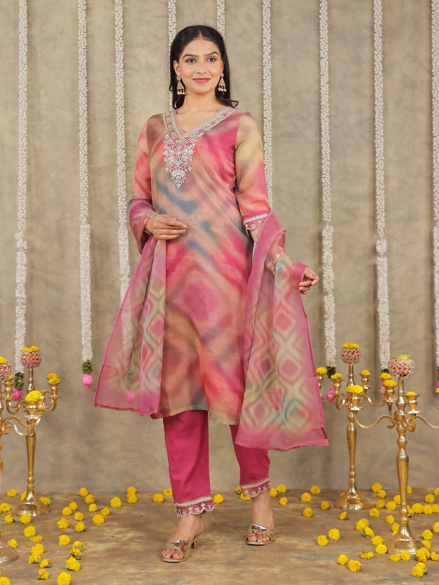 Embroidered Organza Solid Pink Kurta