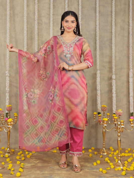 Embroidered Organza Solid Pink Kurta