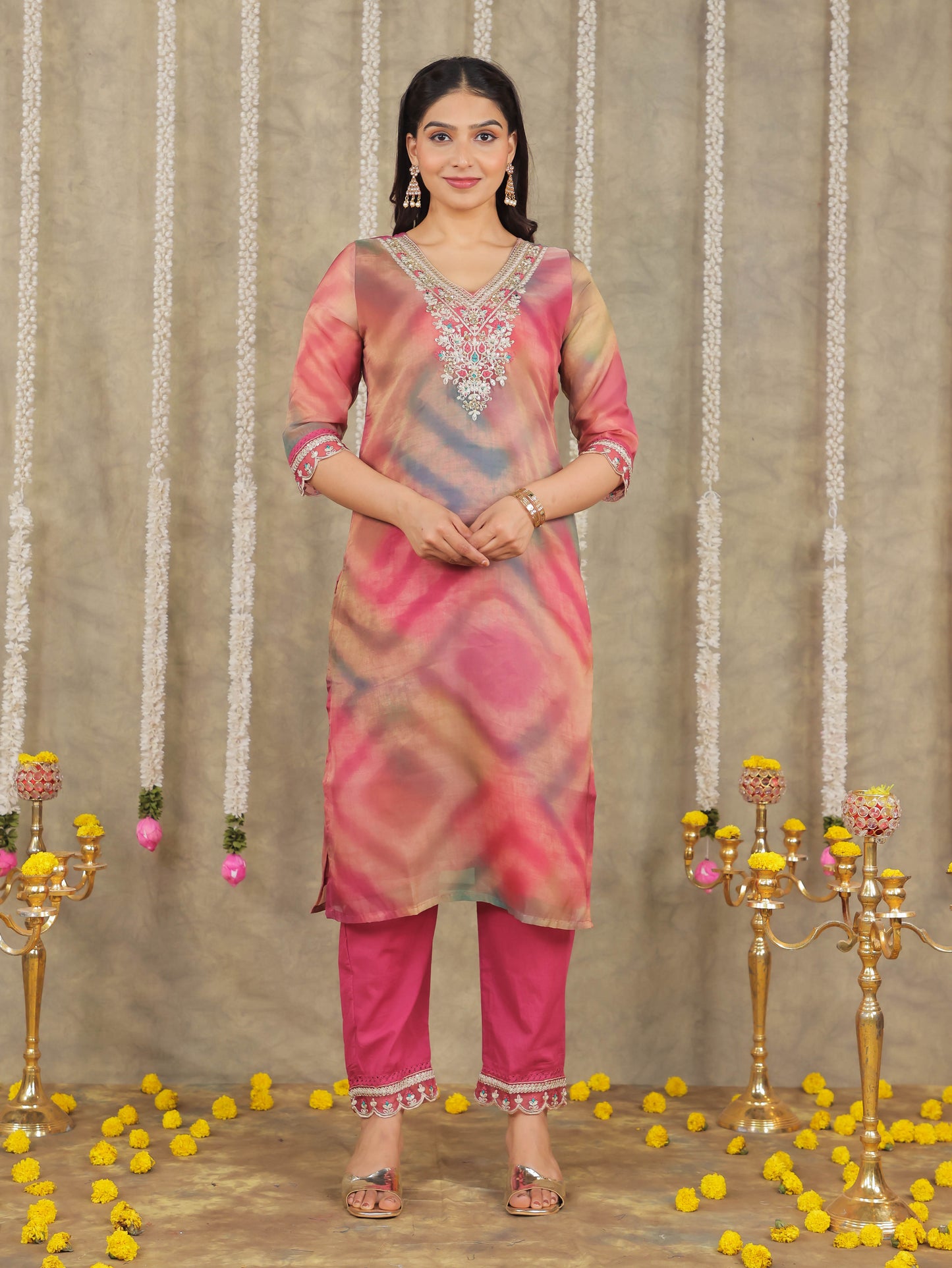 Embroidered Organza Solid Pink Kurta
