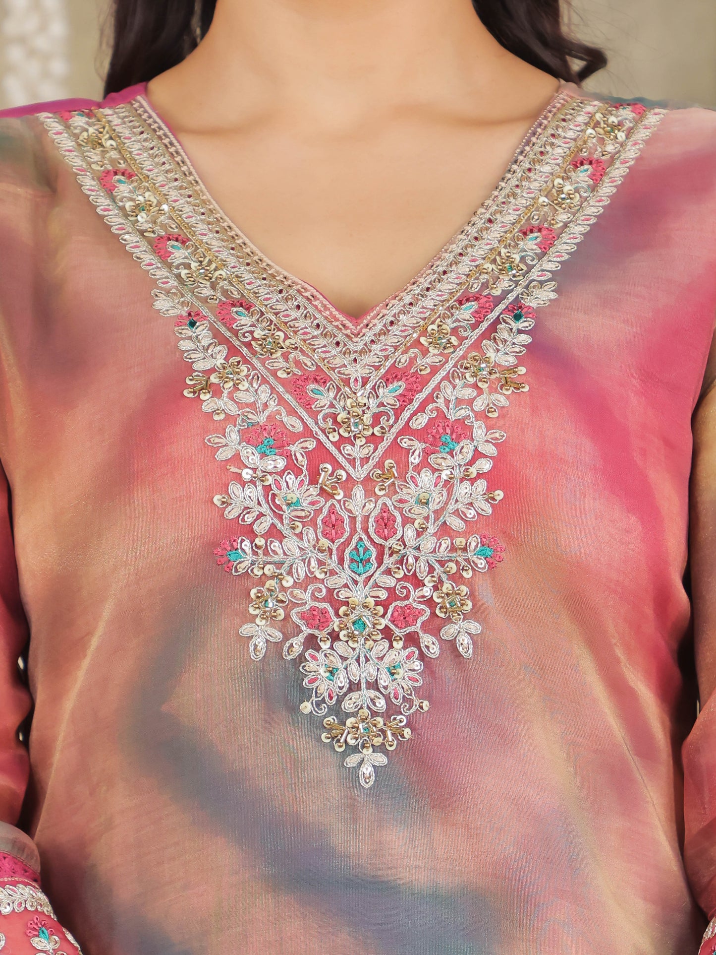 Embroidered Organza Solid Pink Kurta