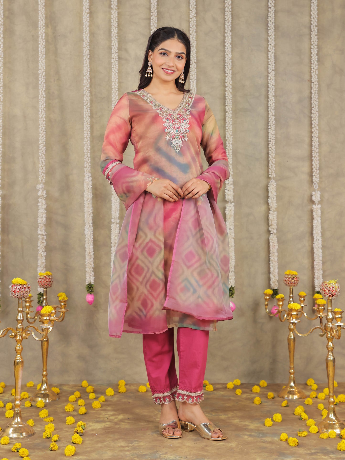 Embroidered Organza Solid Pink Kurta