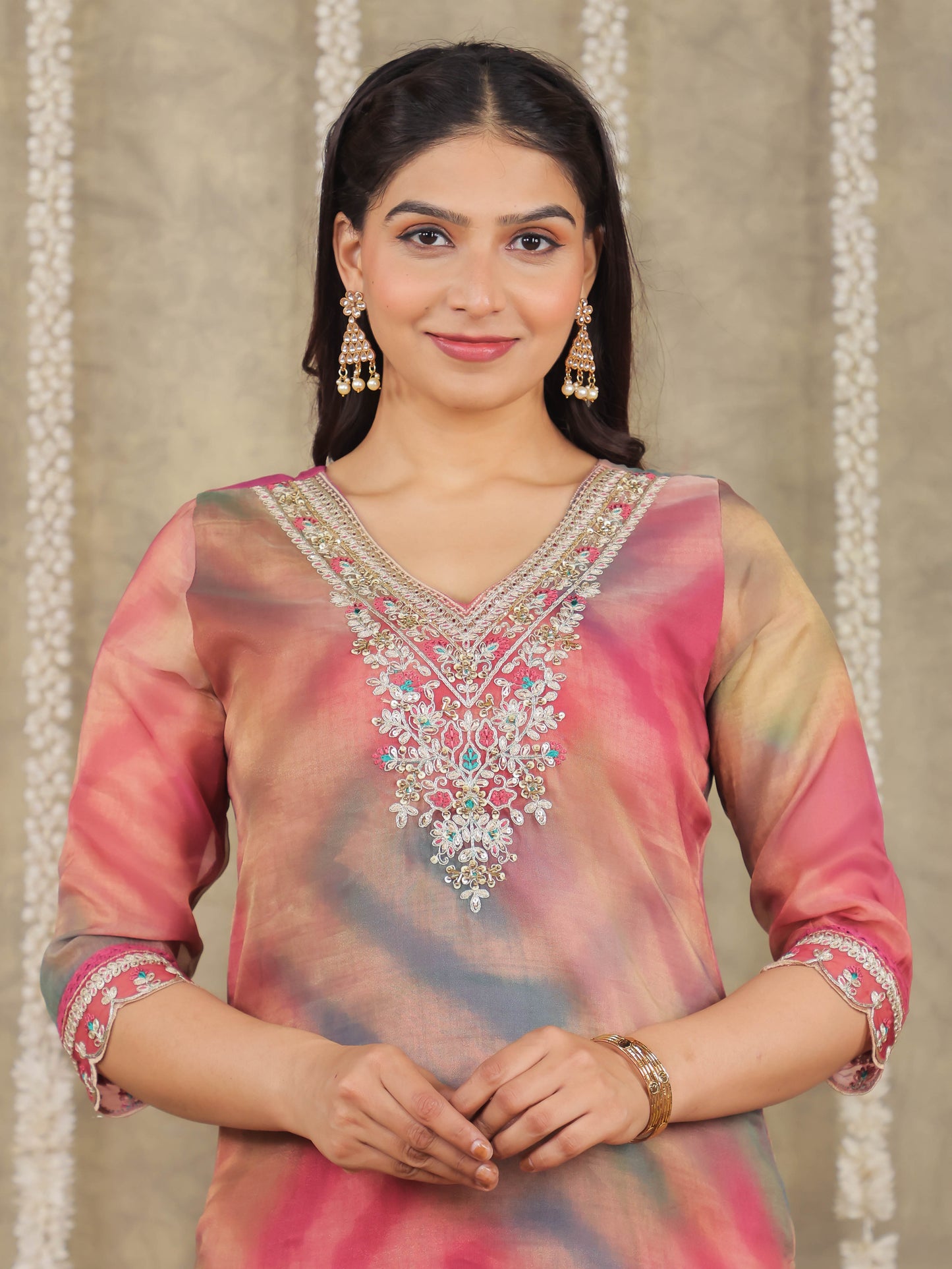 Embroidered Organza Solid Pink Kurta