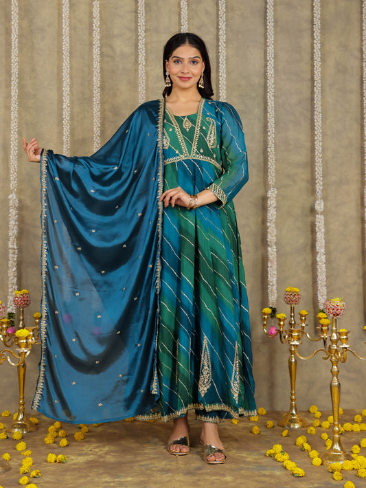 Embroidered Romen silk Leheriya Green Kurta