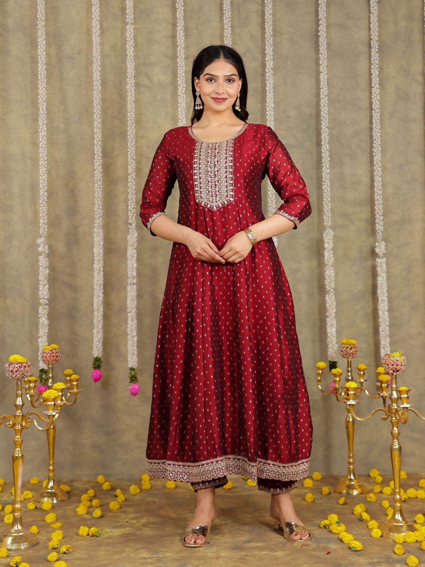 Embroidered Self Design Chanderi Solid Maroon Kurta