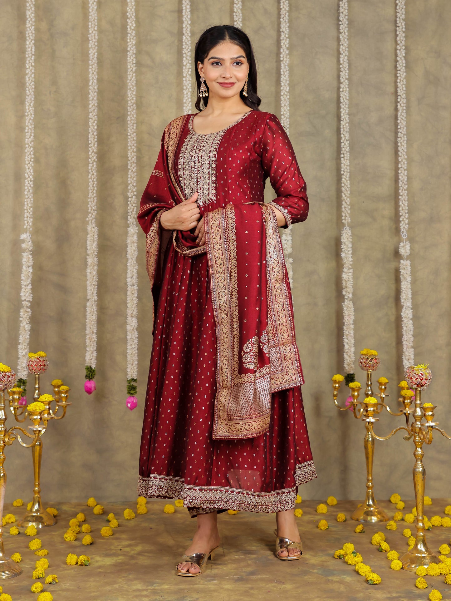 Embroidered Self Design Chanderi Solid Maroon Kurta