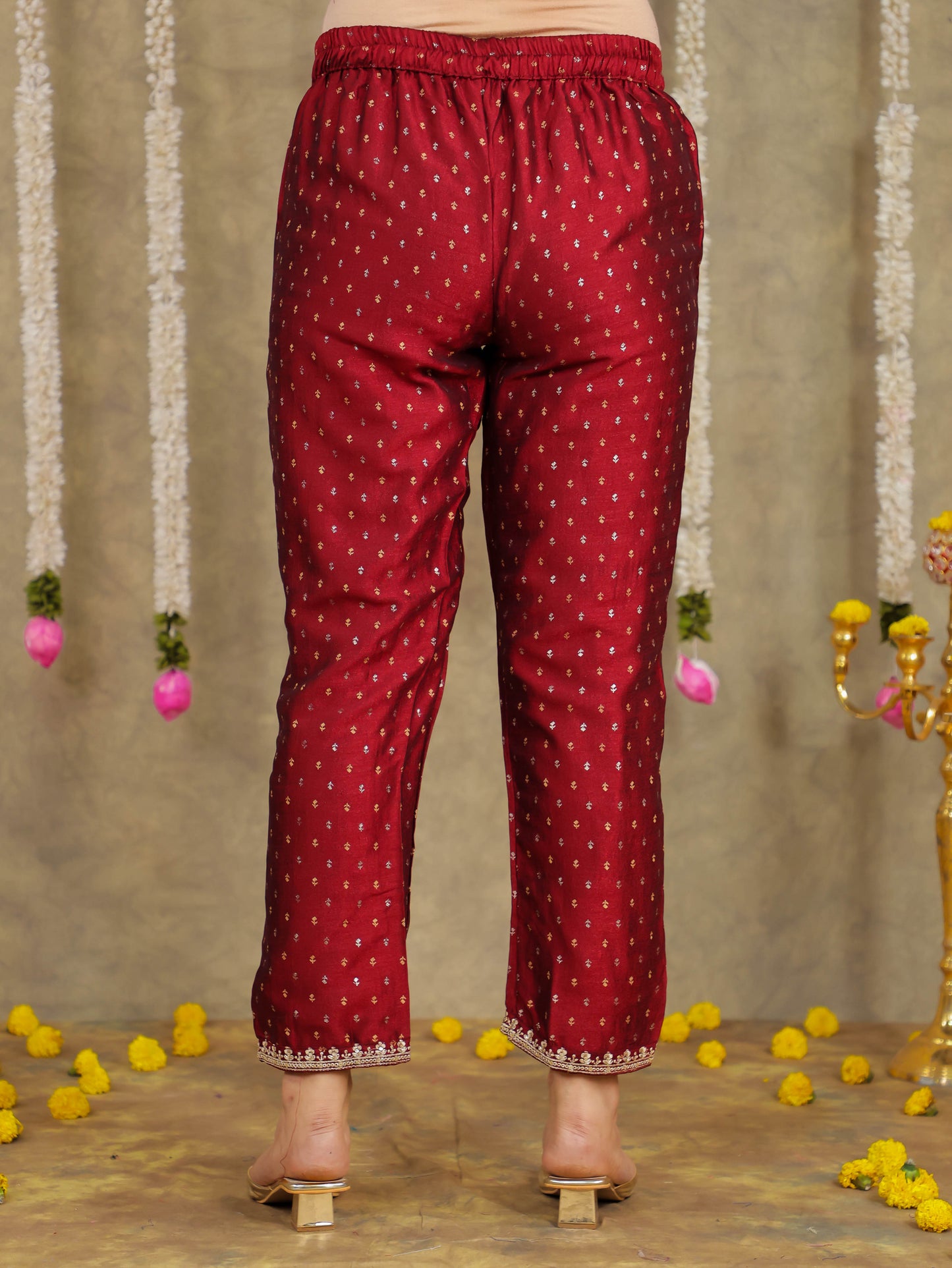 Embroidered Self Design Chanderi Solid Maroon Kurta