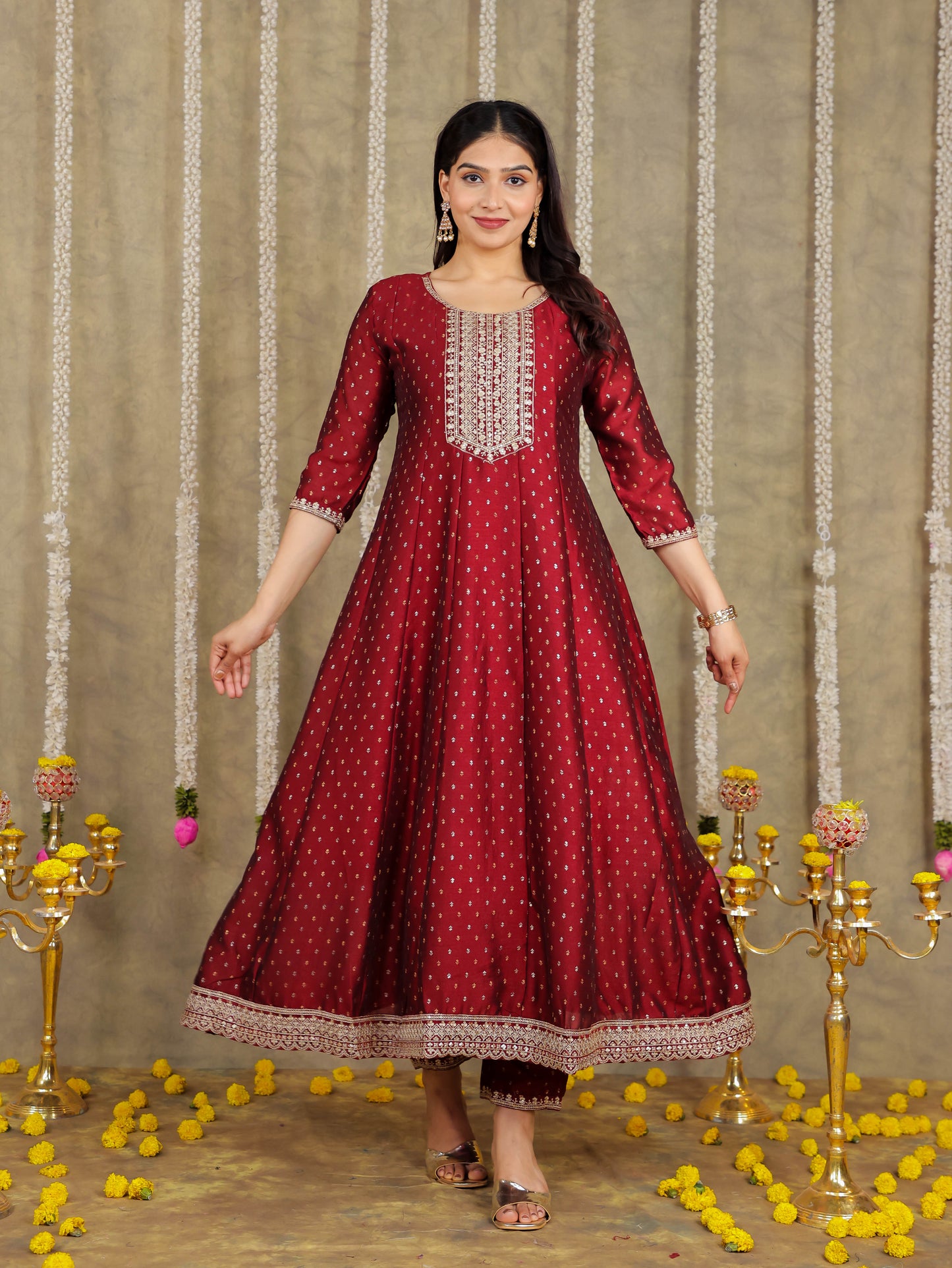 Embroidered Self Design Chanderi Solid Maroon Kurta