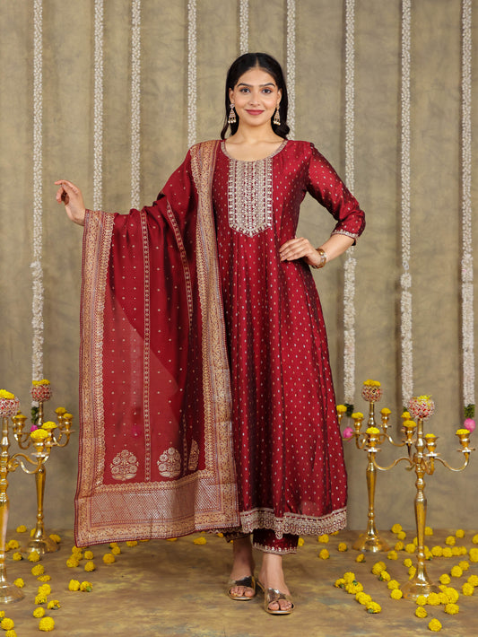 Embroidered Self Design Chanderi Solid Maroon Kurta