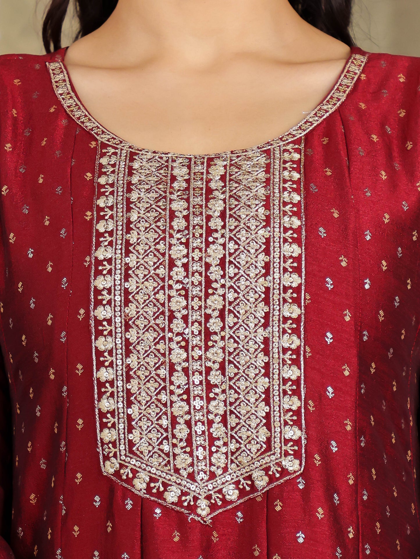 Embroidered Self Design Chanderi Solid Maroon Kurta