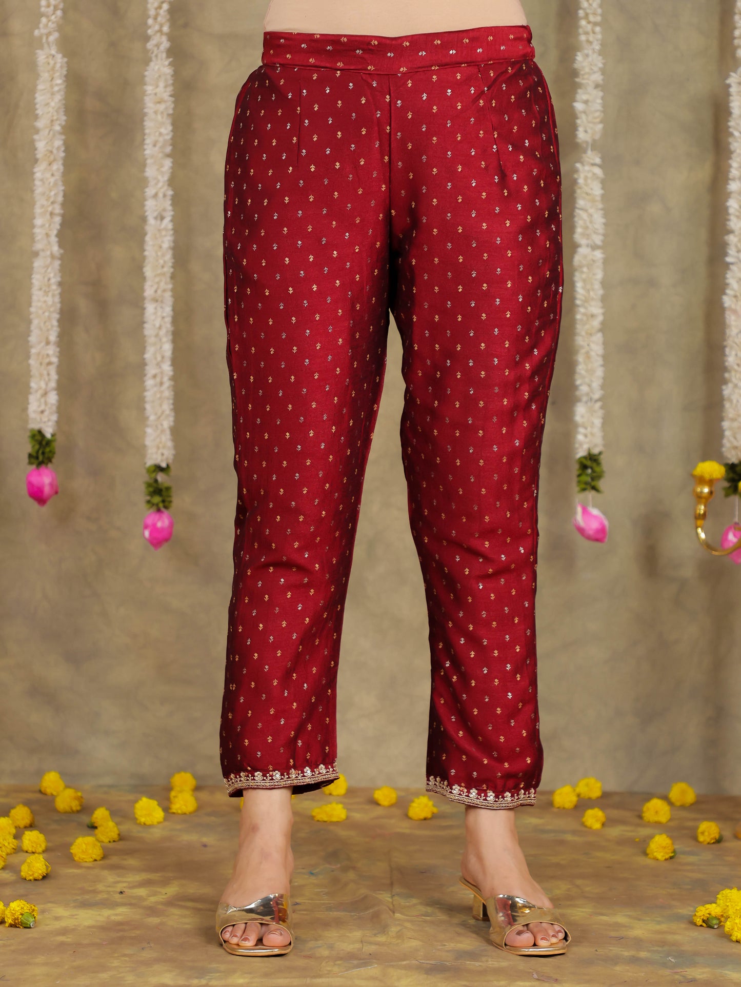 Embroidered Self Design Chanderi Solid Maroon Kurta