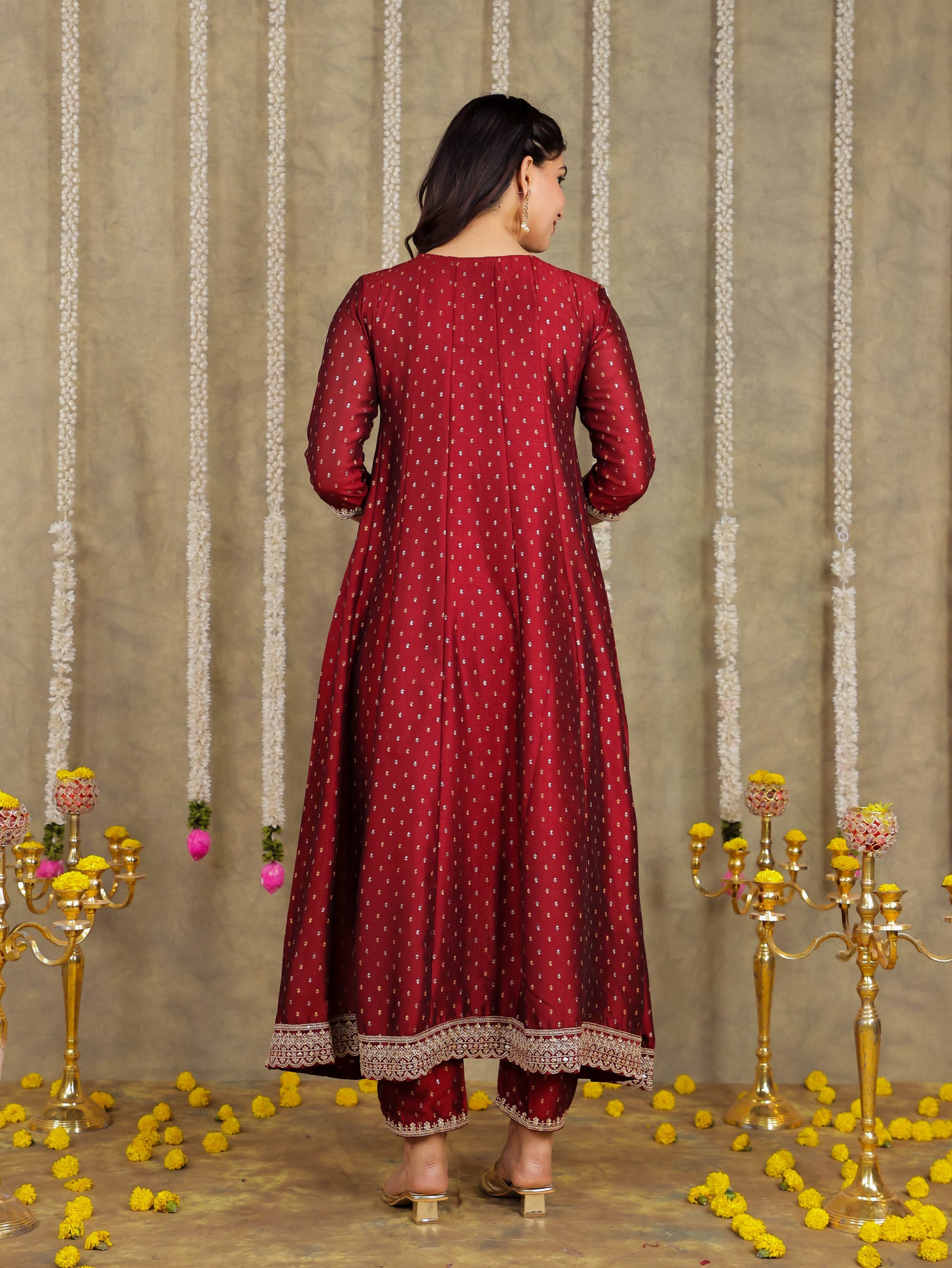 Embroidered Self Design Chanderi Solid Maroon Kurta