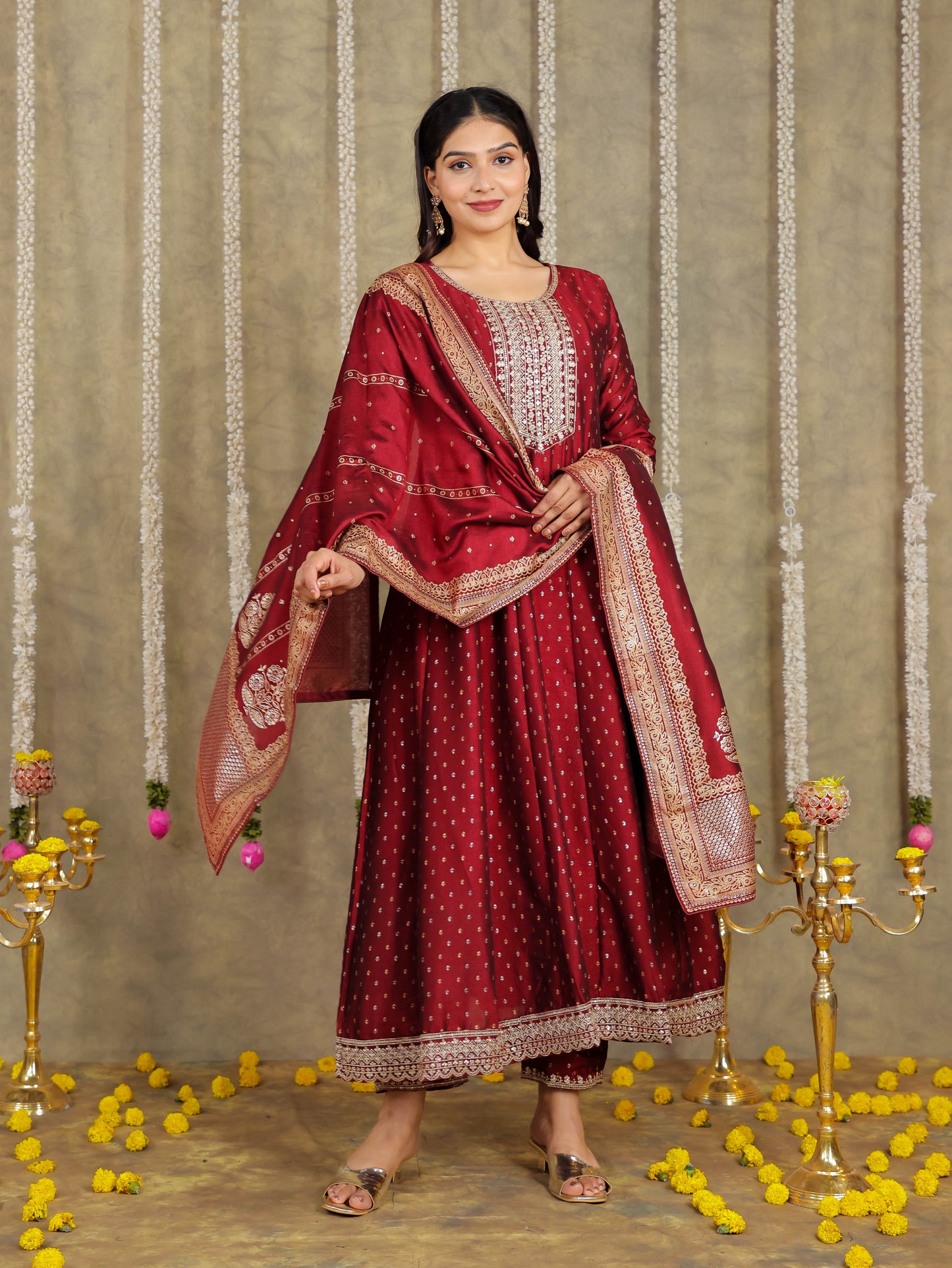 Embroidered Self Design Chanderi Solid Maroon Kurta