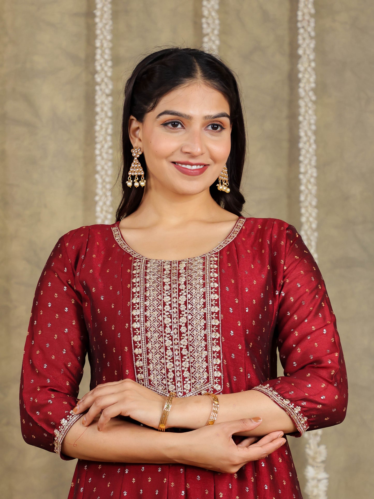 Embroidered Self Design Chanderi Solid Maroon Kurta
