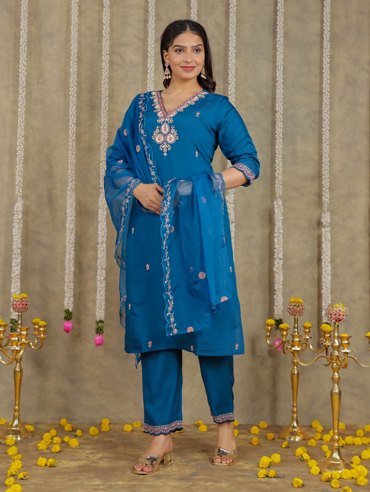 Embroidered Romen silk Solid Blue Kurta