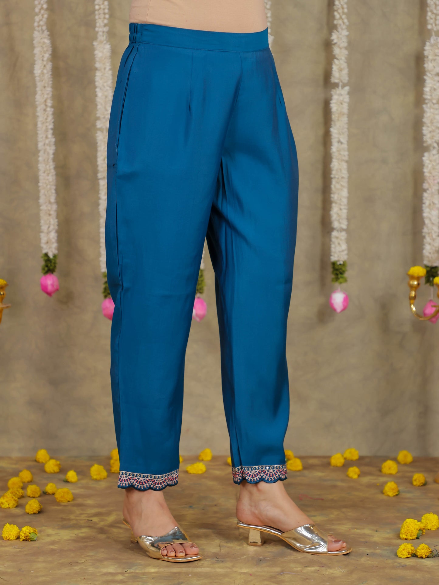 Embroidered Romen silk Solid Blue Kurta