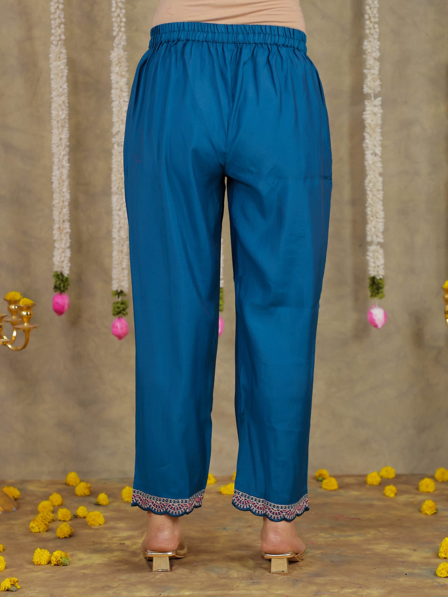 Embroidered Romen silk Solid Blue Kurta
