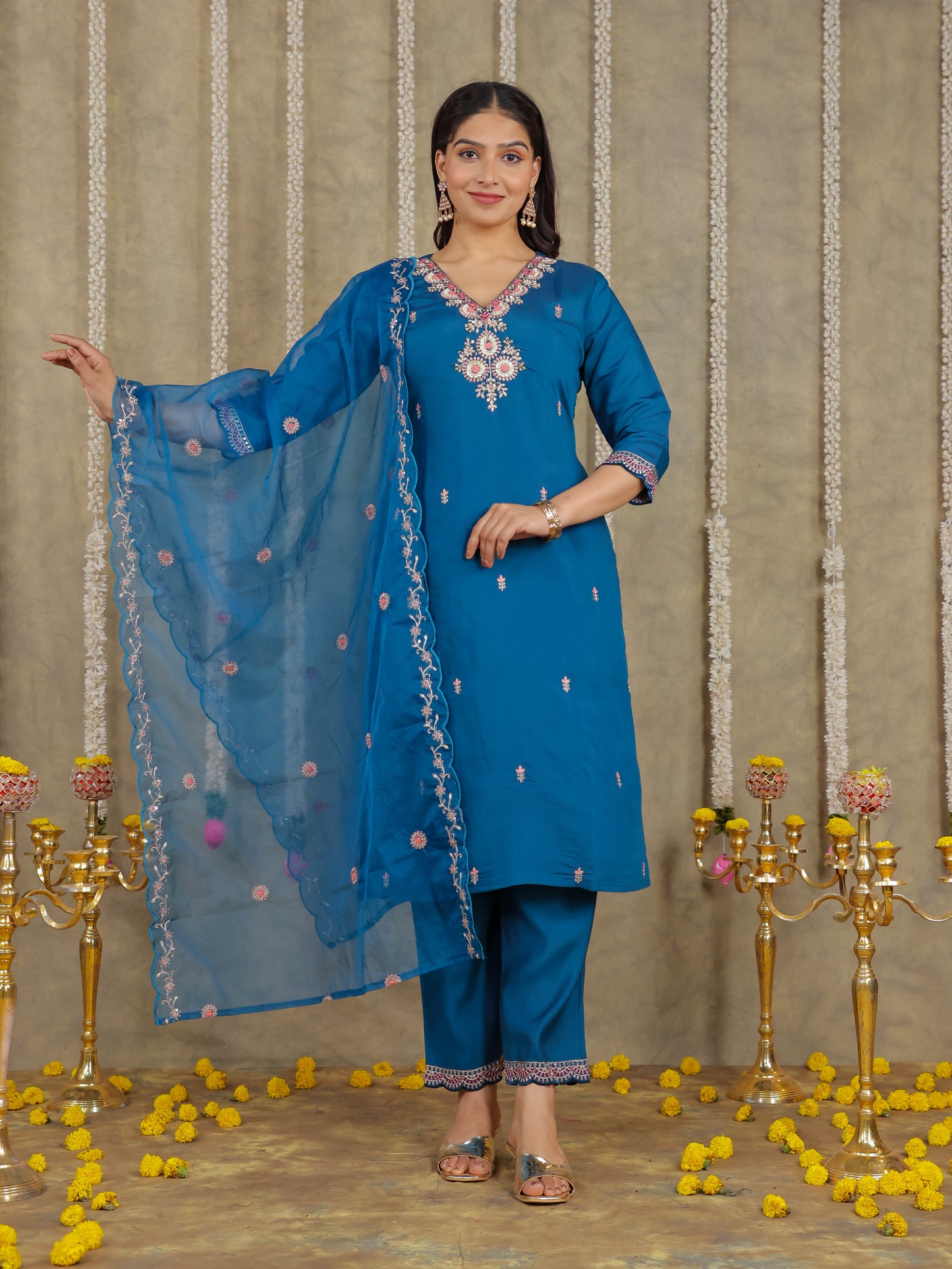 Embroidered Romen silk Solid Blue Kurta