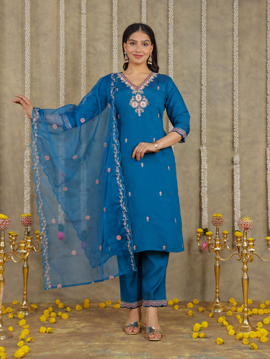 Embroidered Romen silk Solid Blue Kurta