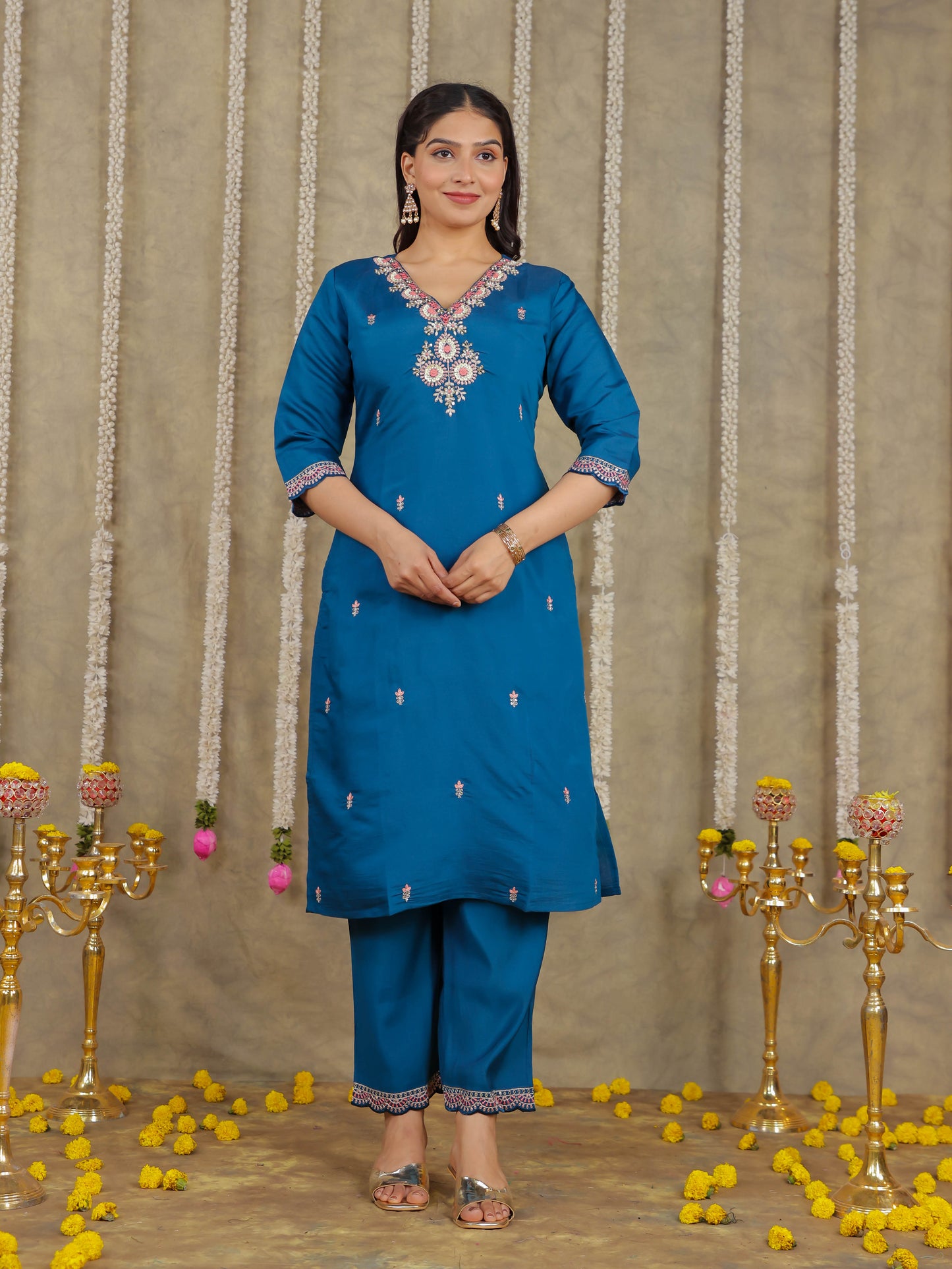 Embroidered Romen silk Solid Blue Kurta