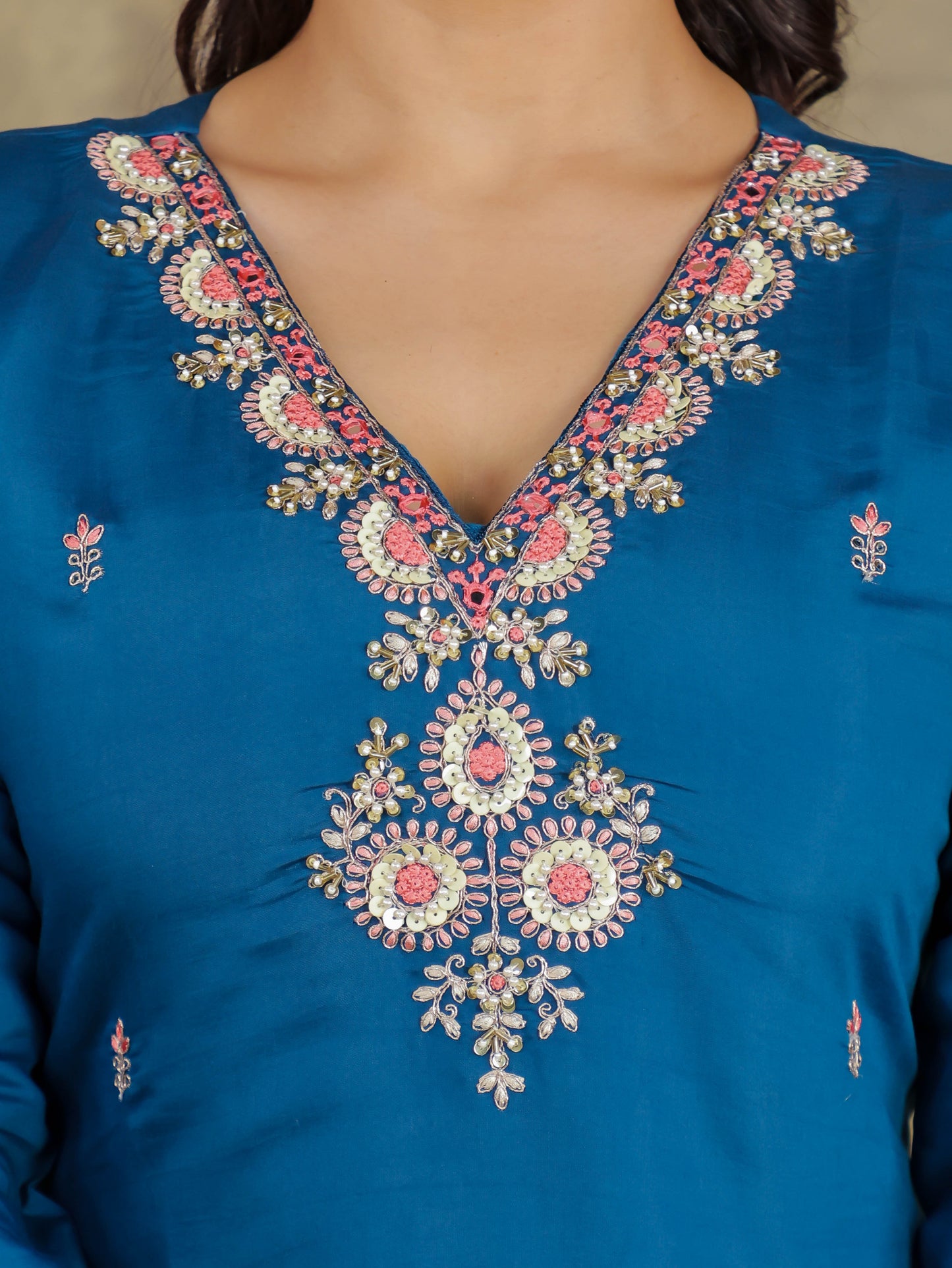 Embroidered Romen silk Solid Blue Kurta