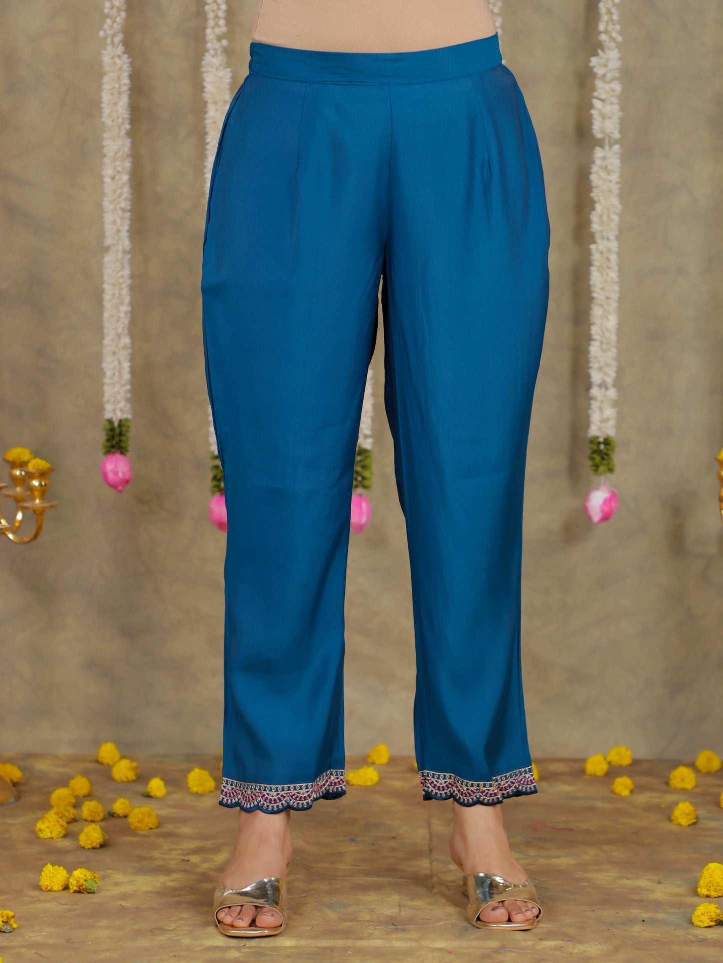 Embroidered Romen silk Solid Blue Kurta