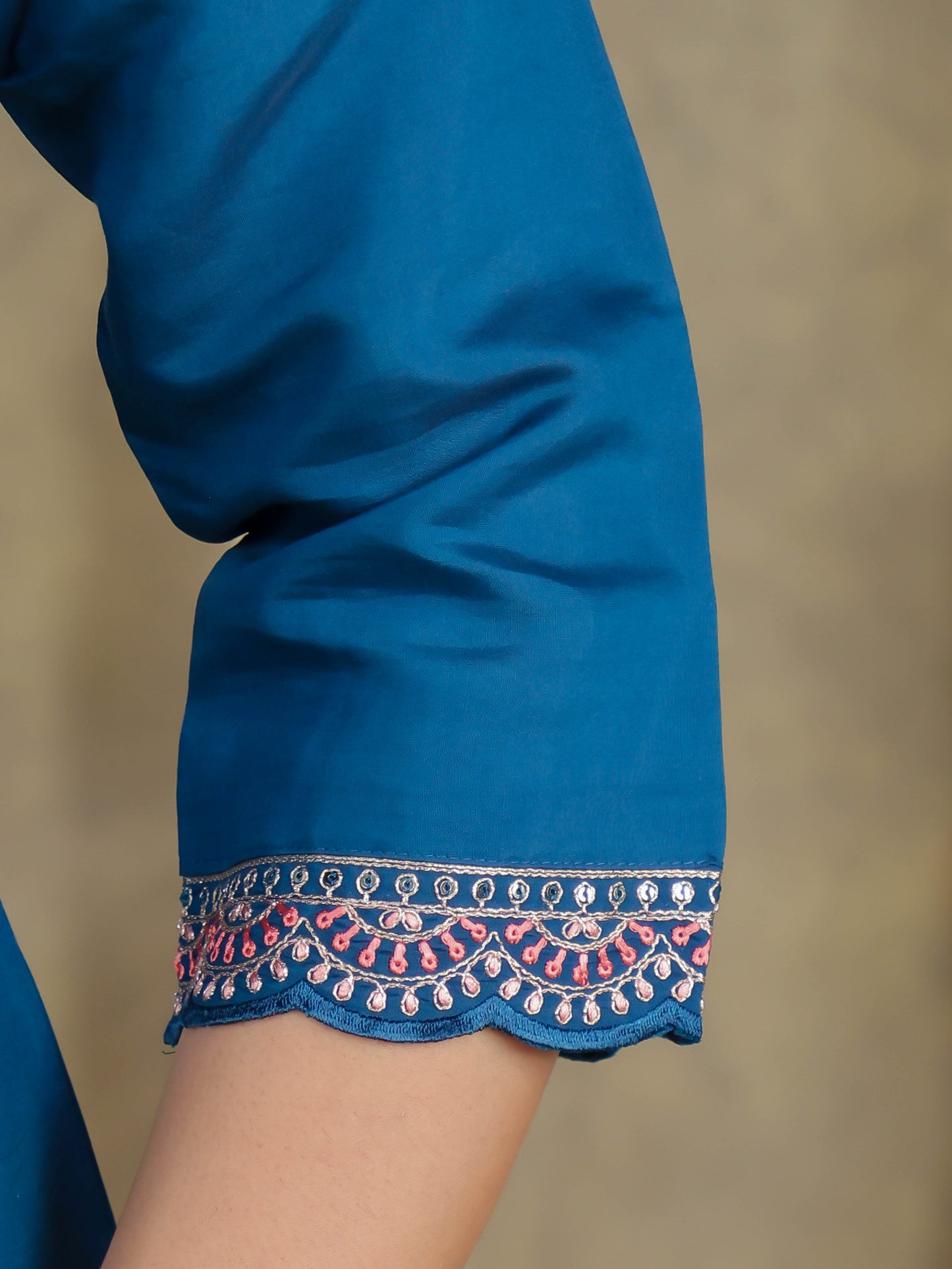 Embroidered Romen silk Solid Blue Kurta