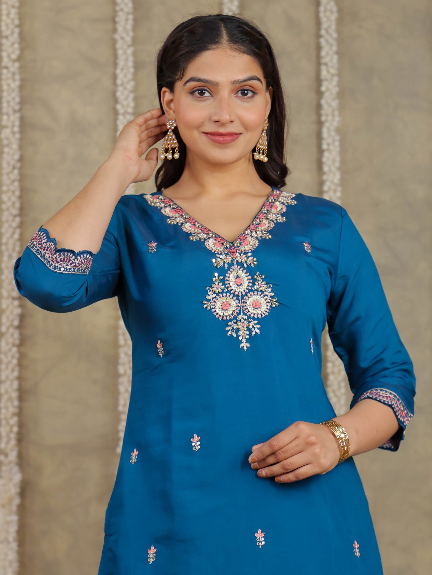 Embroidered Romen silk Solid Blue Kurta
