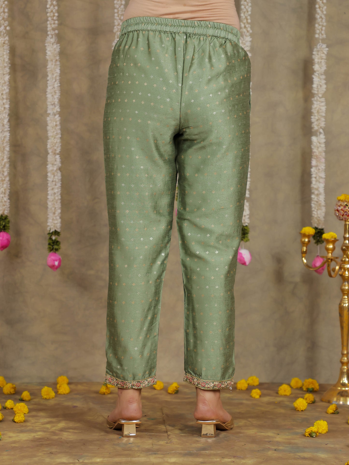 Embroidered Self Design Chanderi Solid Green Kurta
