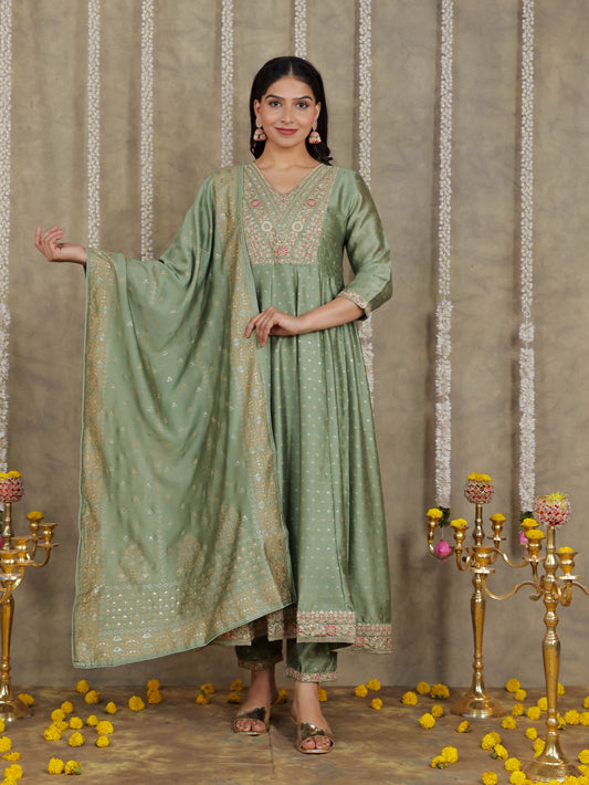 Embroidered Self Design Chanderi Solid Green Kurta