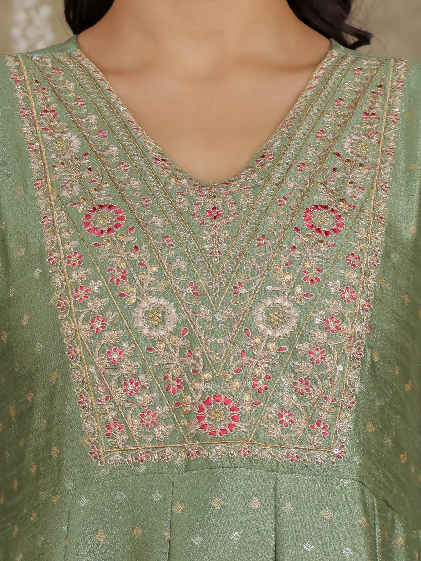 Embroidered Self Design Chanderi Solid Green Kurta